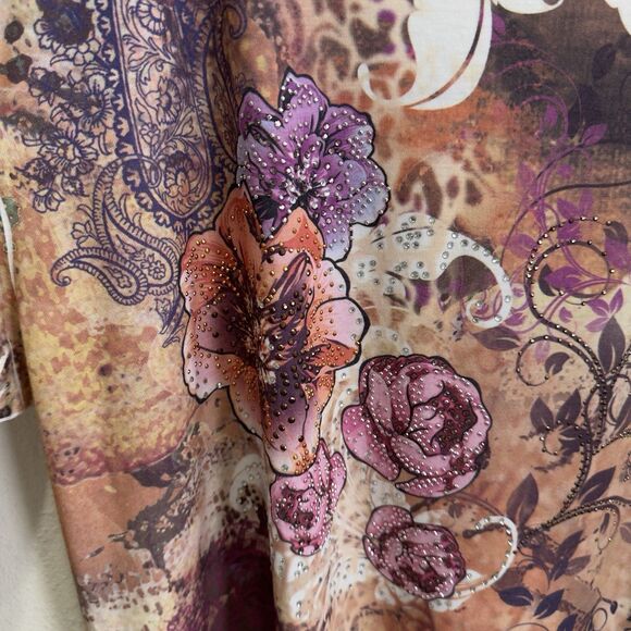 Jess & Jane Top Womens XL Beige Floral Colorful Artsy Boho Asymmetric Comfy USA - Picture 7 of 15